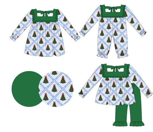25.6.13 custom each style moq 5eta 4-6week Sibling Sisters Christmas trees bow green baby girl long sleeve pants sets and dress and rompers match family design