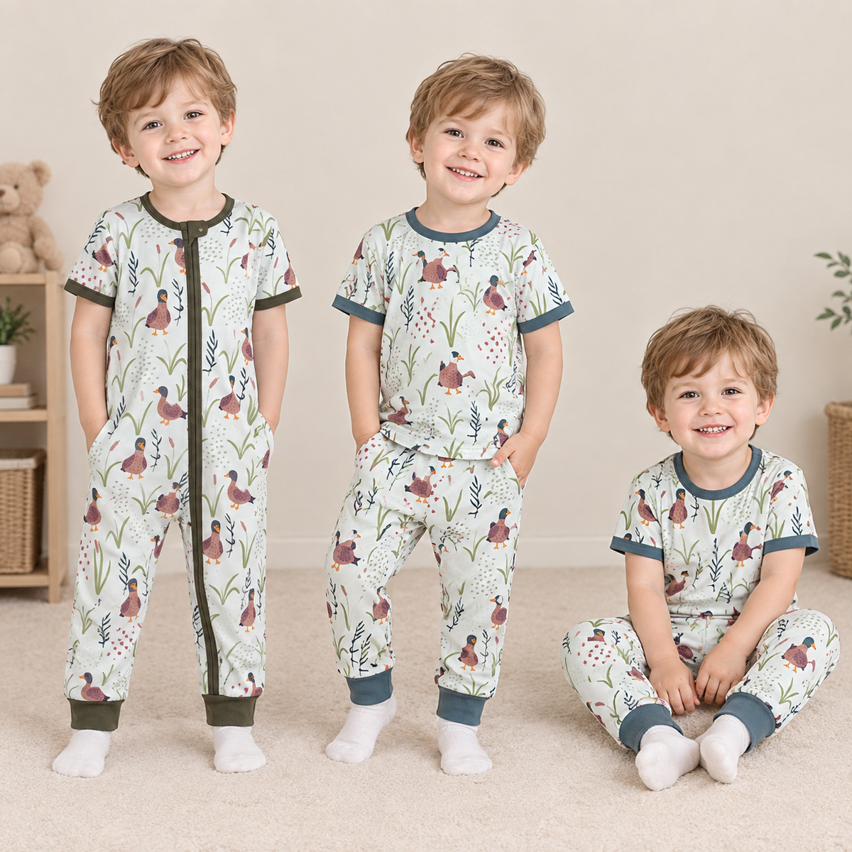 RTS NO MOQ Sibling milk silk Baby Boys Duck Print Bamboo Zipper Romper Kids Short Sleeve Pant Set