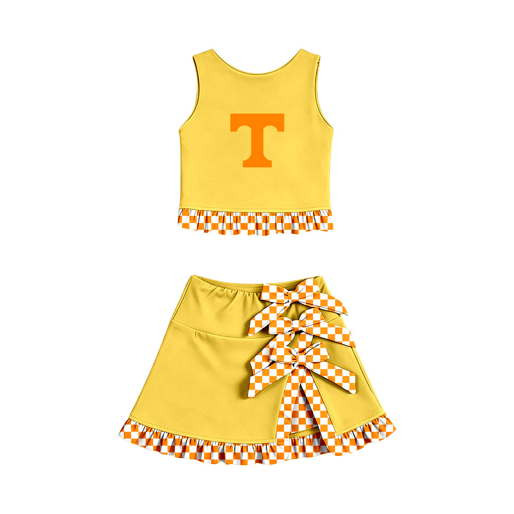 Custom moq 5 mix size summer teams Baby Girls Sleeveless Vest Top Bow Scallop Edge Skort Two Piece Yoga Active Clothes Sets