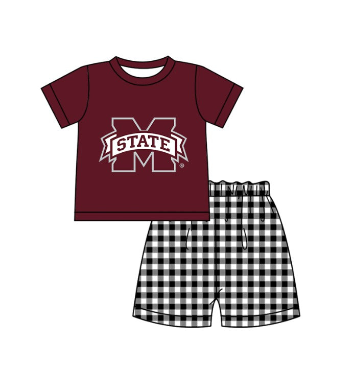Custom moq 5 mix size milk silk summer teams baby girl boys clothes Dark Red Black and white checkered short sleeve shorts sets 3 and dress and rompers 2 series