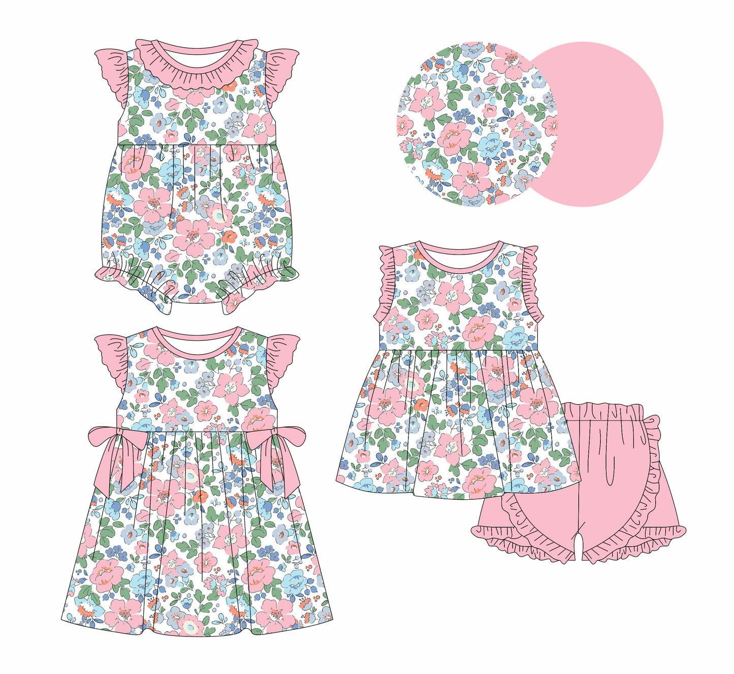 25.5.25 custom each style moq 5eta 4-6week Sibling Sisters floral baby girl short sleeve shorts sets and dress and rompers match family design