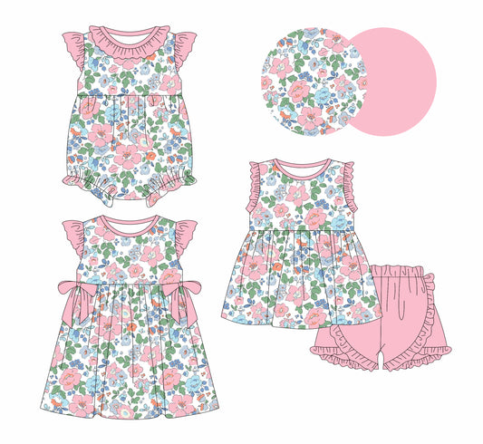 25.5.25 custom each style moq 5eta 4-6week Sibling Sisters floral baby girl short sleeve shorts sets and dress and rompers match family design