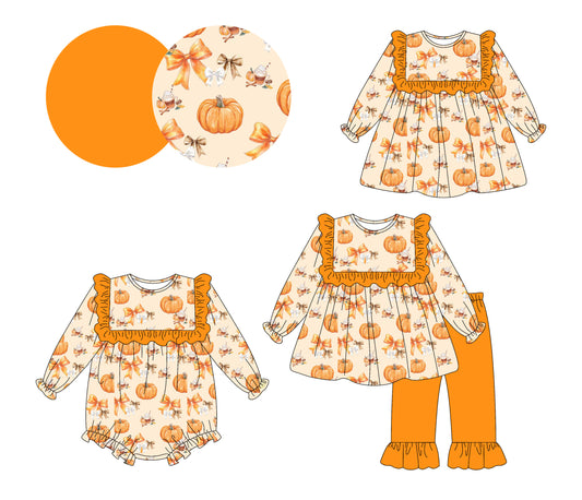 4.13 Custom moq 5 mix size Sibling Baby Girl's Orange Pumpkin Long-Sleeved Pants Set Matching Romper And Dress Outfit Set
