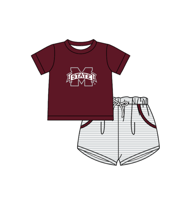 Custom moq 5 mix size milk silk summer teams Baby Boys And Girls Red Short-Sleeved Shirt And Shorts Set Matching Striped Rompers Outfit Set