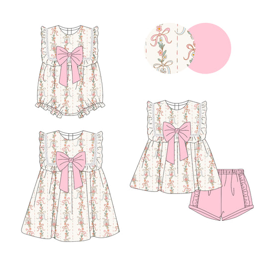 3.28 custom each style moq 5eta 4-6week Sibling Sisters bow floral baby girl short sleeve shorts sets and dress and rompers match family design