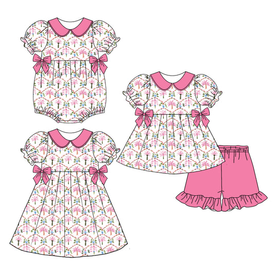 3.31 Custom moq 5 mix size Sibling Baby Girl's Short Sleeve Tunic Pink Shorts Set Cute Romper Dress for Summer