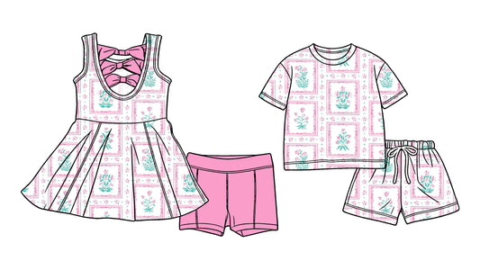 Custom moq 5 mix size Sibling Baby Girl pink Sleeveless Yoga Dress And Shorts Outfit Short Sleeved Top And Shorts Set