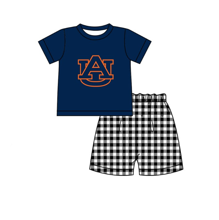 Custom moq 5 mix size milk silk summer teams baby girl boys clothes Navy Blue Black and white checkered short sleeve shorts sets 3 and dress and rompers 2 series