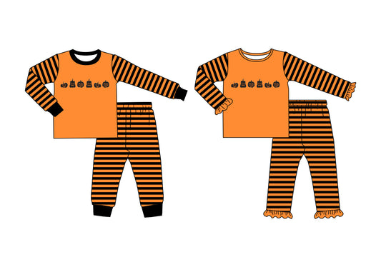 25.6.5 custom each style moq 5eta 4-6week Sibling Sisters pumpkin orange baby girl long sleeve pants sets 1 and sets 2 match family design