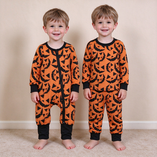 RTS NO MOQ Sibling milk silk Baby Boys Pumpkin Print Halloween Pajama Set Long Sleeve Top Pant And Zipper Romper