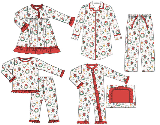 25.7.11 custom each style moq 5eta 4-6week Sibling Sisters Christmas bow baby girl long sleeve pants sets and adult top and adult pants and romper and dress match family design
