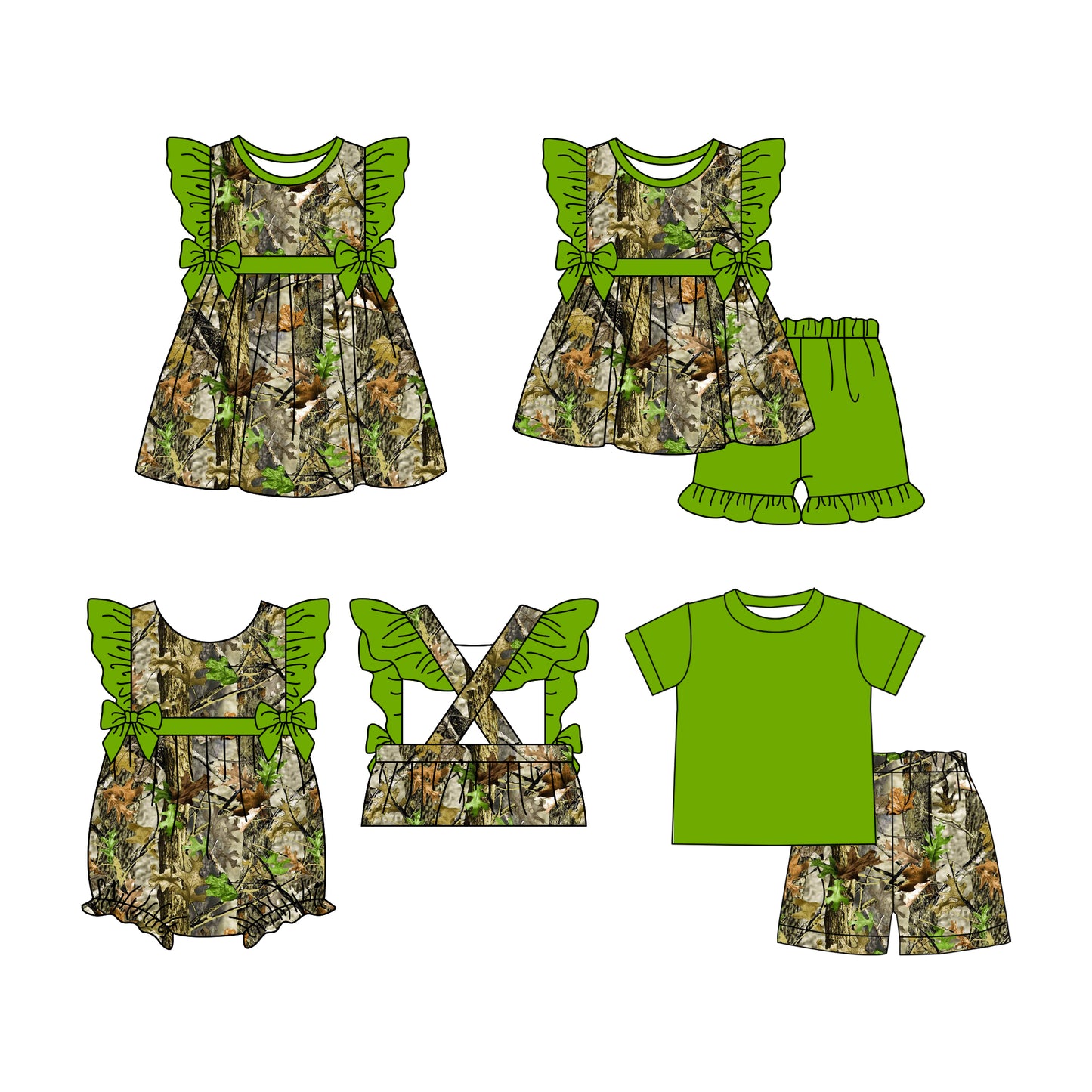 12.11 custom each style moq 5eta 4-6week Sibling Sister camouflage baby girl short sleeve shorts sets and dress and rompers match family design