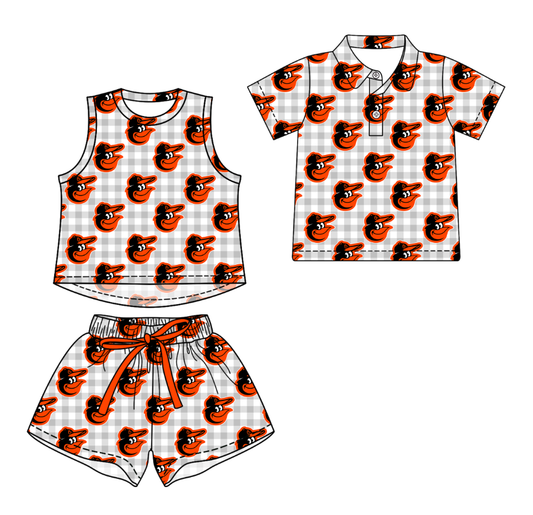 Custom moq 5 mix size milk silk summer teams Grey Checked Girls Sleeveless Top And Short Sets Boys Short Sleeve Button Polo Shirt Top