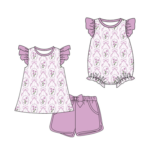 3.21 Custom moq 5 mix size Sibling Cute Clothes Baby Girl's Purple Flutter Sleeve Top And Short Set Matching Romper for Summer