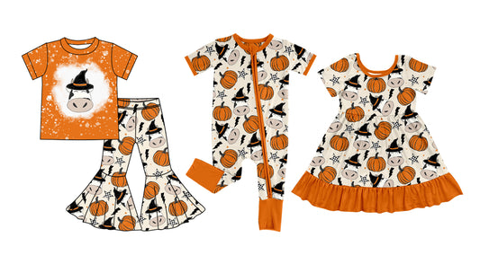 5.5 custom each style moq 5eta 4-6week Sibling Sisters pumpkin cow baby girl short sleeve pants sets and dress and rompers match family design