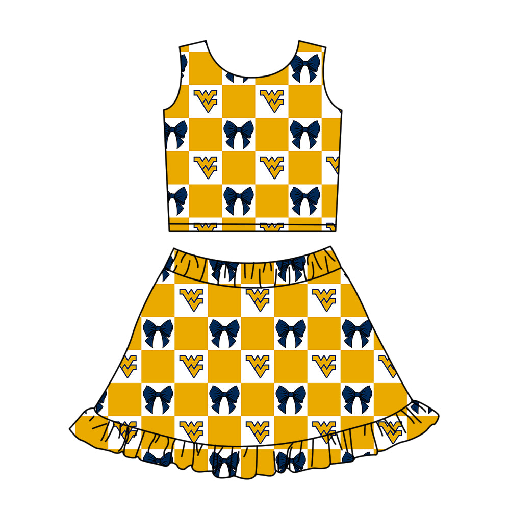 Custom moq 3 or 5 mix size milk silk summer teams baby girl clothes bow yellow sleeveless skirts sets-26.1.26