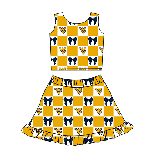Custom moq 3 or 5 mix size milk silk summer teams baby girl clothes bow yellow sleeveless skirts sets-26.1.26