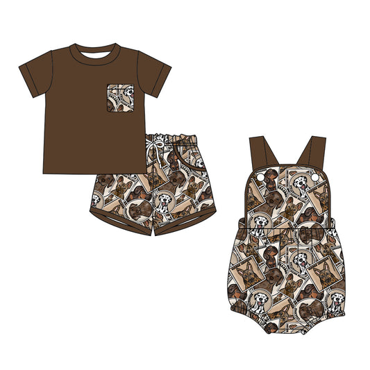 3.10 Custom moq 5 mix size Sibling Baby Boys Brown Romper Short-Sleeved Top And Shorts Set for Infants