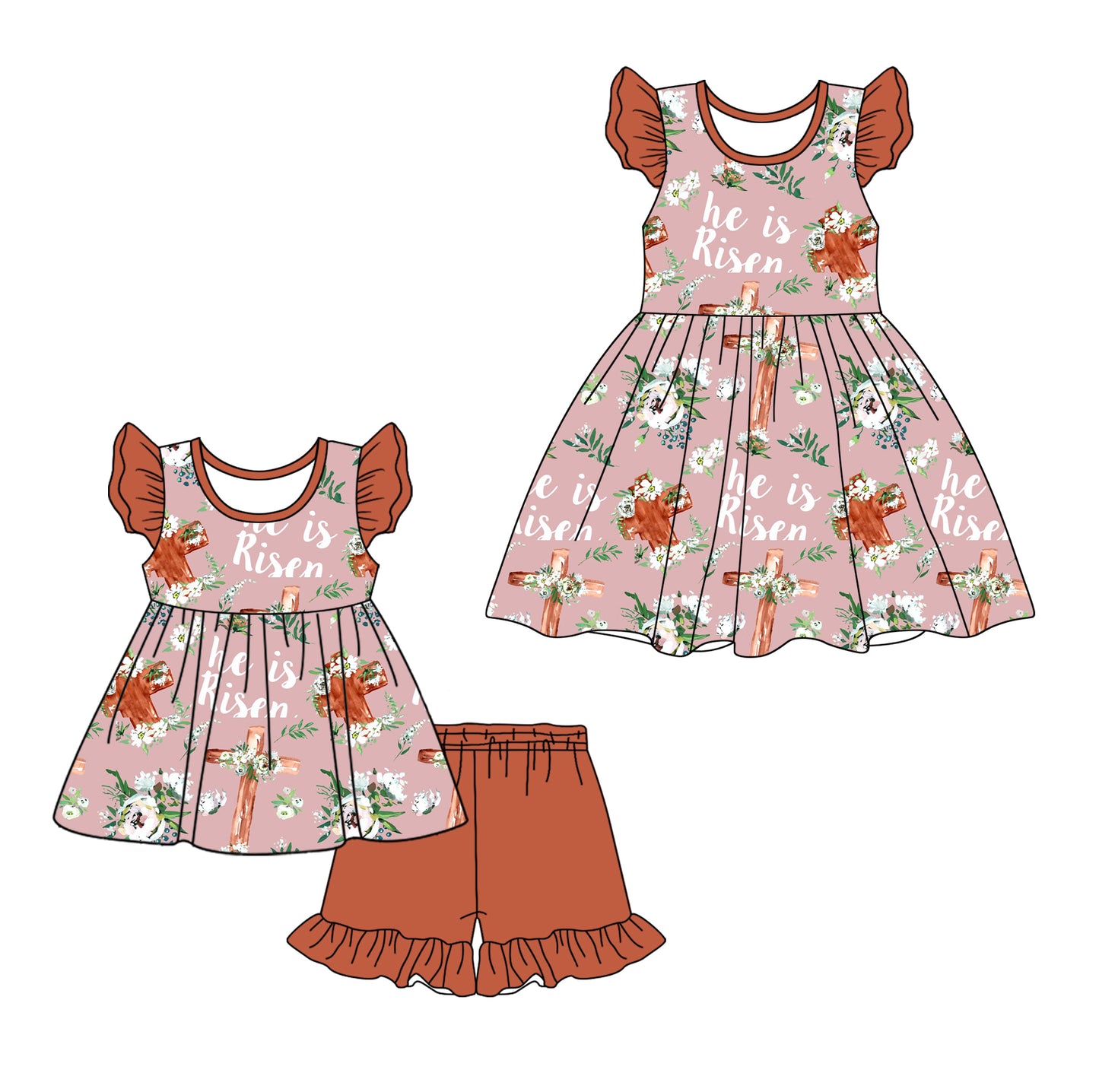 12.27 custom each style moq 5eta 4-6week Sibling Sister easter he is risen baby girl short sleeve shorts sets and dresses match design