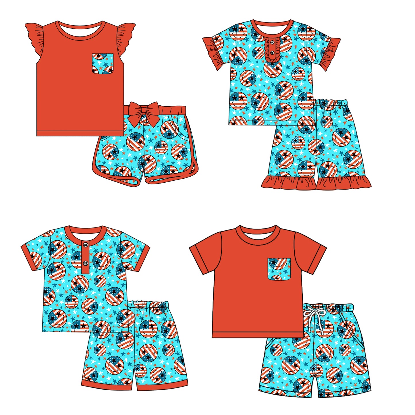12.28 custom each style moq 5eta 4-6week Sibling Sister smiely baby boy short sleeve shorts sets 1 and sets 2 and set 3 match design