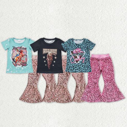 RTS NO MOQ Sibling Baby Girls Western Clothes Set Tunic Top with Bell Bottom Pants