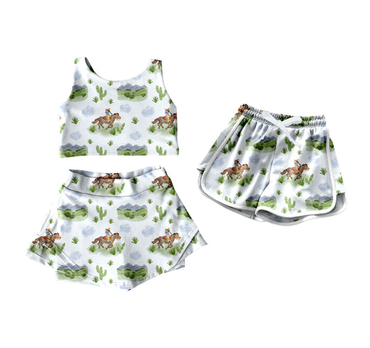 4.18 custom each style moq 5eta 4-6week Sibling Sister riding horse catcus baby girls clothes Short sleeve yoga dress and shorts match family design