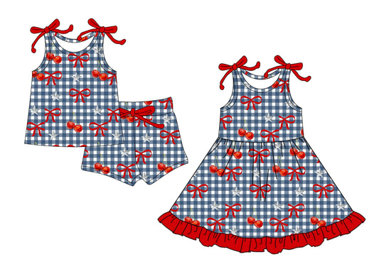 25.12.13 custom each style moq 5 eta 6-8week Sibling Sister cherry bow baby short sleeve shorts sets and dress match design