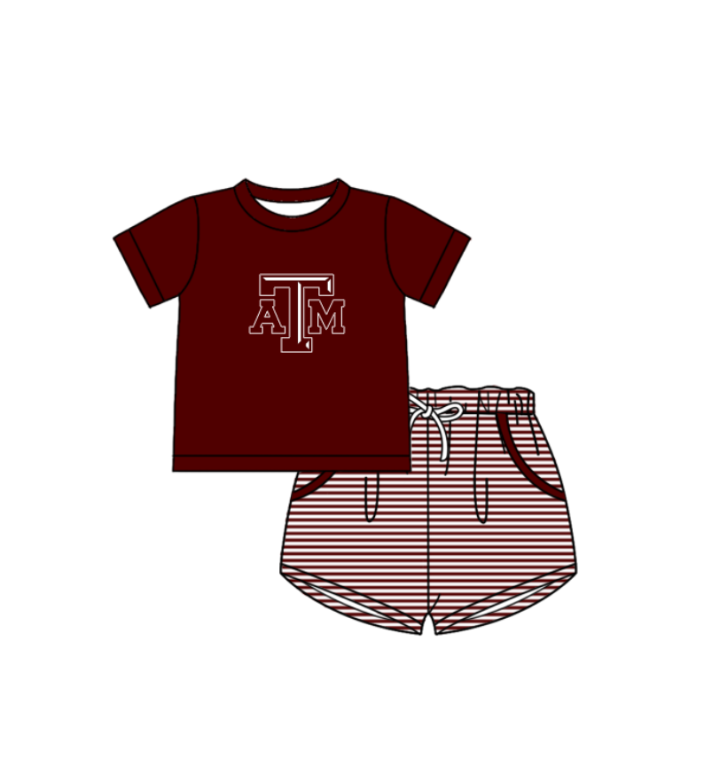 Custom moq 5 mix size milk silk summer teams Baby Boys And Girls Dark Red Short-Sleeved Shirt And Shorts Set Matching Striped Rompers Outfit Set