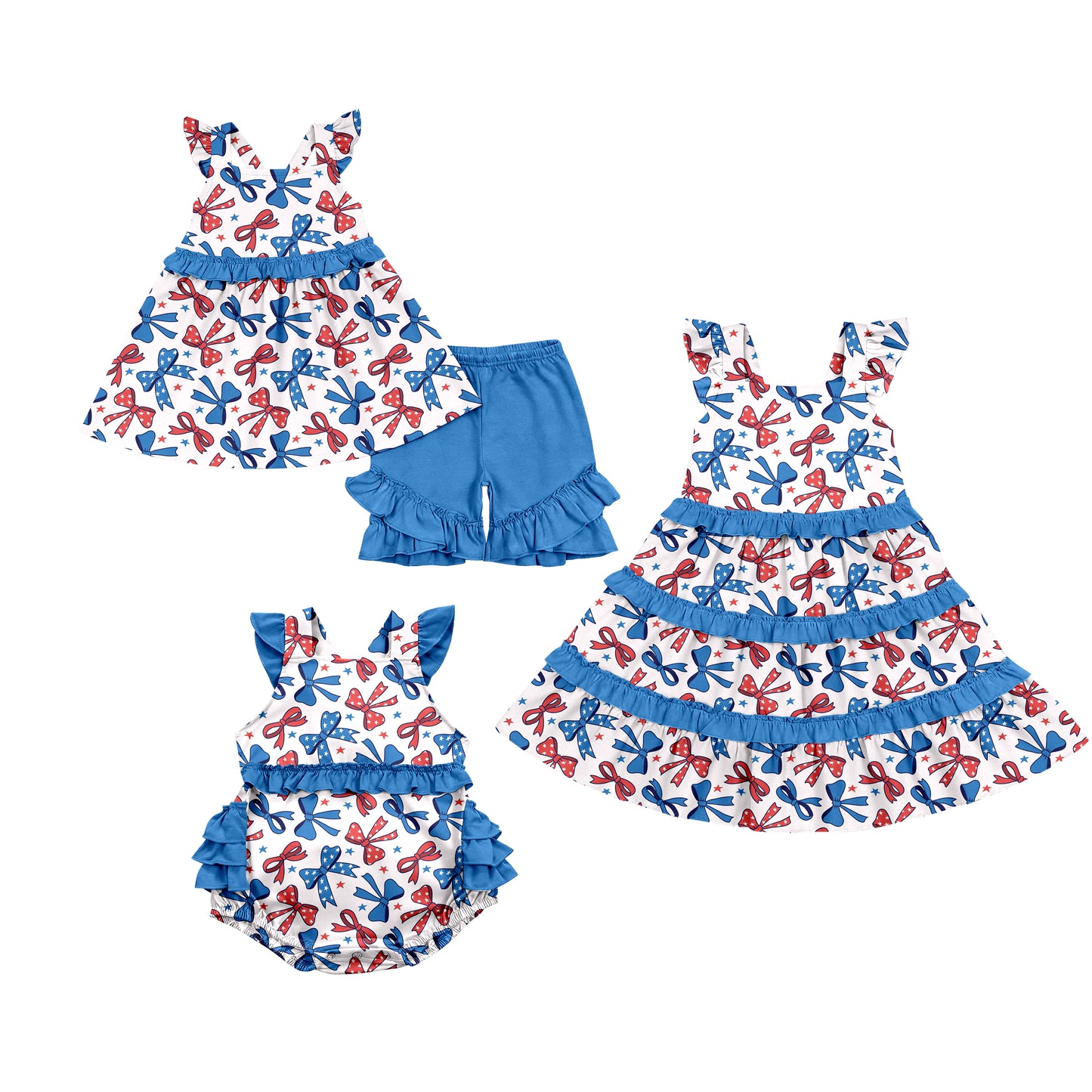 Custom moq 5 mix size Sibling Baby Girl's Floral Print Dark blue Short-Sleeved Top And Shorts Set Cute Romper Dress for Spring Summer