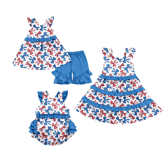 Custom moq 5 mix size Sibling Baby Girl's Floral Print Dark blue Short-Sleeved Top And Shorts Set Cute Romper Dress for Spring Summer