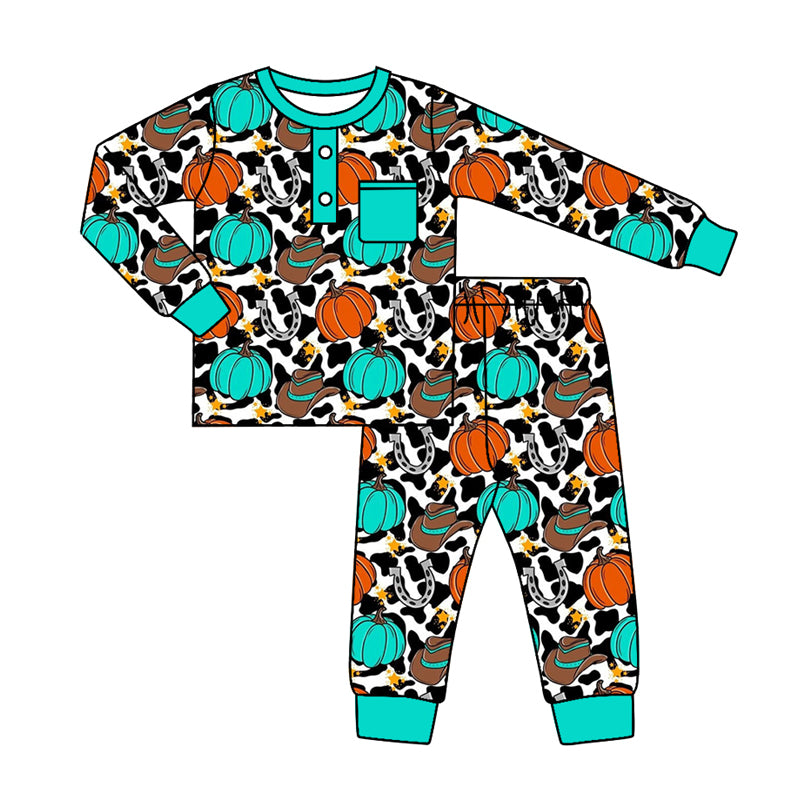 7.29 custom each style moq 5eta 4-6week Sibling Sister pumpkin cow pattern blue and green baby boys sets and rompers match family design