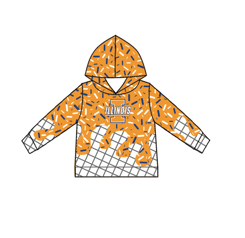 Custom moq 5 mix size milk silk summer teams Camo Hooded Short Sleeve Top Shorts Set Ice Cream Drips Orange Hooded Top with Matching Shorts For Kids