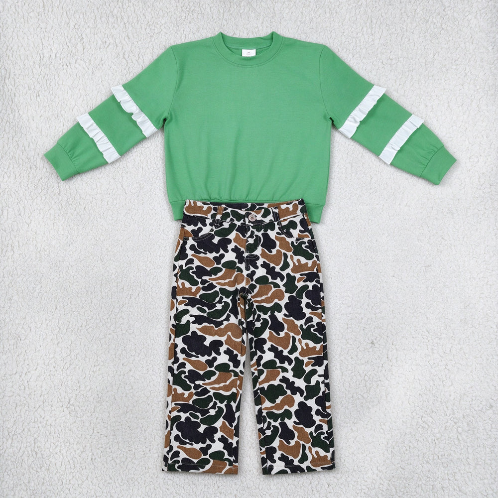 NEW RTS NO MOQ Denim GT1858+ P0594 Baby Girls Green White Patchwork Long Sleeve T-shirts Top Brown Duck Camouflage Denim Strait Pants Sets