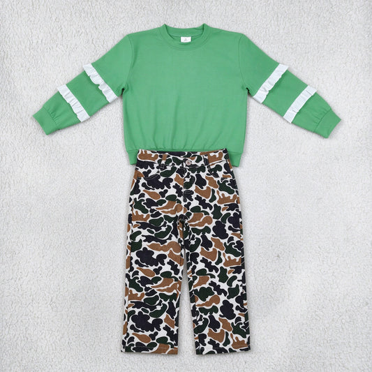 NEW RTS NO MOQ Denim GT1858+ P0594 Baby Girls Green White Patchwork Long Sleeve T-shirts Top Brown Duck Camouflage Denim Strait Pants Sets
