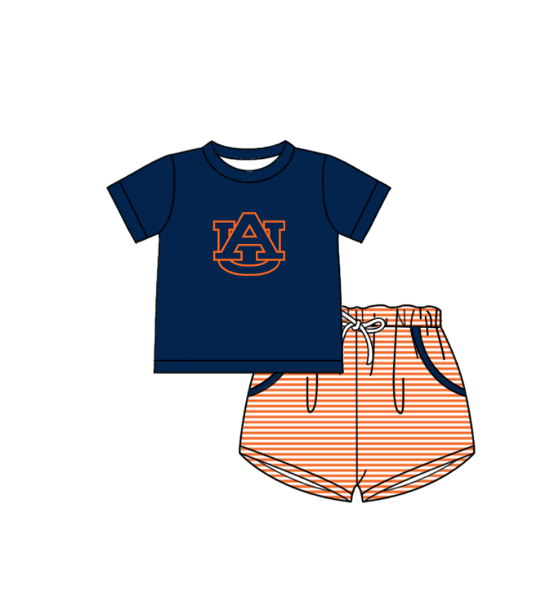 Custom moq 5 mix size milk silk summer teams Baby Boys And Girls Navy Blue Short-Sleeved Shirt And Shorts Set Matching Striped Rompers Outfit Set