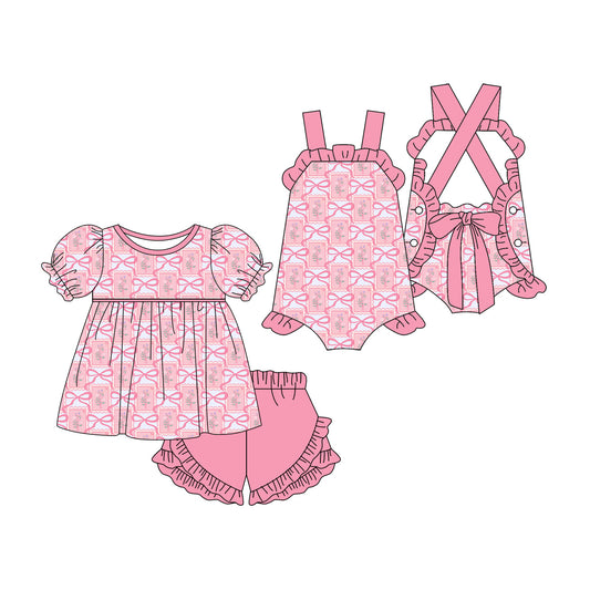 3.11 Custom moq 5 mix size Sibling Baby Girl's Pink Short Sleeves Top And Pink Ruffle Short Set Cute Romper for Summer
