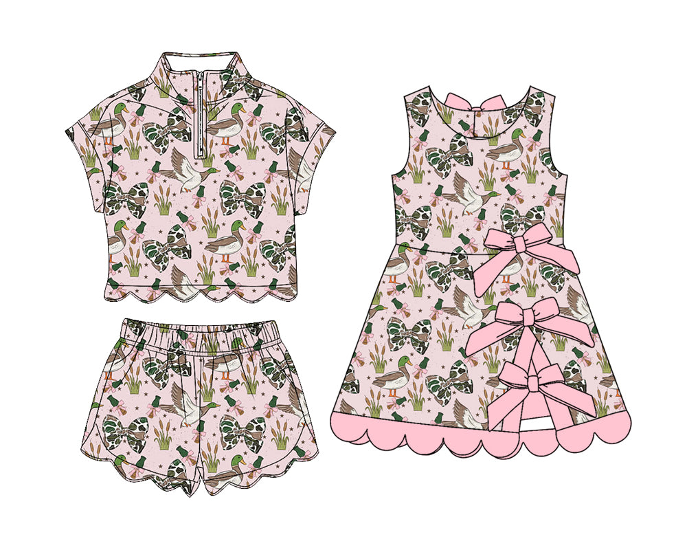 3.26  Custom moq 5 mix size Sibling Baby Girls Camouflage Bow Duck Zipper Top Short Scallop Hunting Sets Yoga Active Scallop Short Knee Length Dress