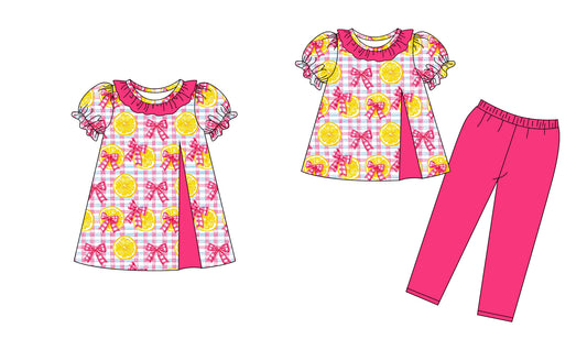 25.9.19 custom each style moq 8 eta 6-8week Sibling Sisters bow lemon baby girl short sleeve pants sets and dress match family design