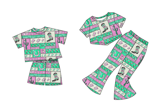 4.25 custom each style moq 5eta 4-6week Sibling Sisters catcus boots hat baby girl short sleeve shorts sets and pants sets match family design
