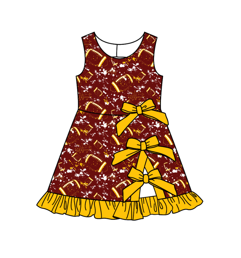 Custom moq 5 mix size milk silk summer teams Baby Girls Sleeveless Football Print Bow Ruffle Yoga Knee Length Dresses