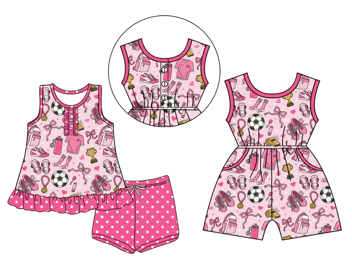 4.6 Custom moq 5 mix size Sibling Baby Girl's Pink Footballs Bows Sleeveless Top Shorts Set Jumpsuits Cute Summer Outfit