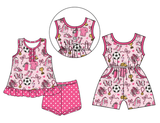 4.6 Custom moq 5 mix size Sibling Baby Girl's Pink Footballs Bows Sleeveless Top Shorts Set Jumpsuits Cute Summer Outfit