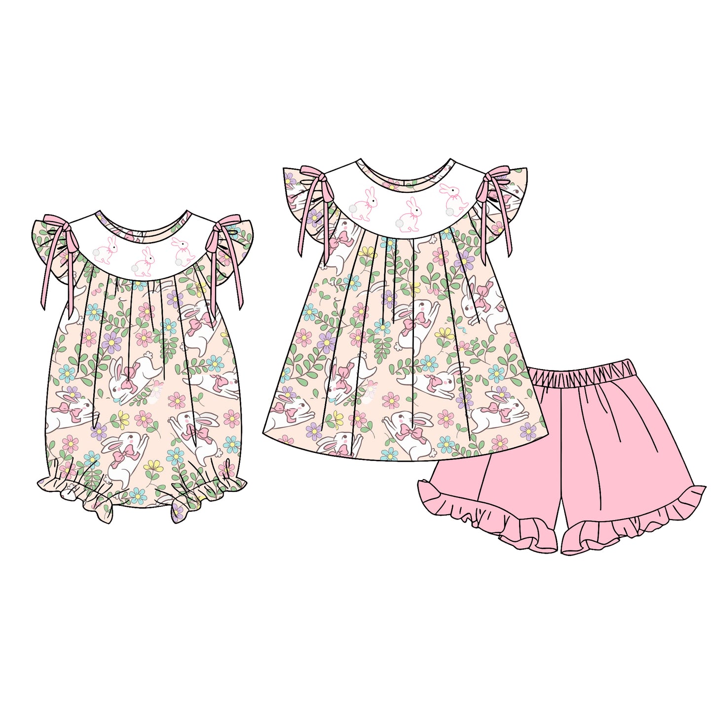 26.1.10 custom each style moq 5 eta 6-8week Sibling Sister bunny bow baby girl short sleeve shorts sets and romper match design
