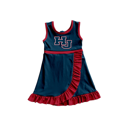 Custom moq 5 mix size milk silk summer teams Baby Girls Navy Blue Red Scallop Sleeveless Yoga Knee Length Dress