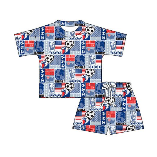 4.2 Custom moq 5 mix size Sibling Baby Footballs Checked 4th of July Short-Sleeved Top Shorts Set Summer Outfit