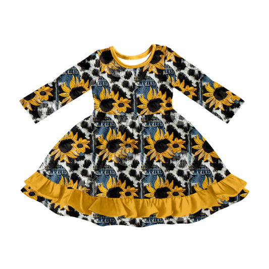 8.3  custom each style moq 5eta 4-6week baby girls clothes cow sunflower long sleeve dress