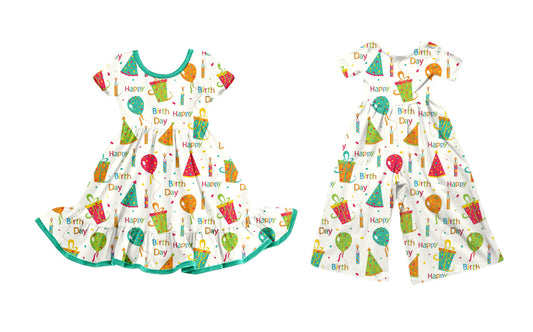 25.10.1 custom each style moq 8 eta 6-8week Sibling Sisters happy birthday baby girl long sleeve dress and jumpsuit match family design
