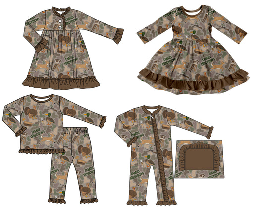 25.7.15 custom each style moq 5 eta 4-6week Sibling Sisters duck turkey baby girl long sleeve pants sets and romper and dress 1 and dress 2 match family design