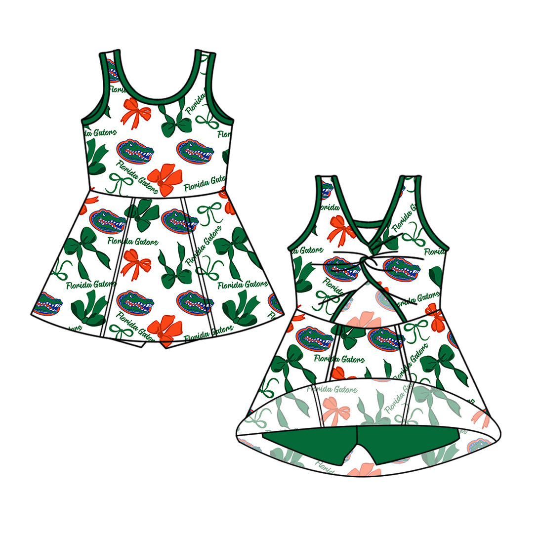 Custom moq 5 mix size milk silk summer teams Baby Girls Green Bow Vest Top Skirt Shorts Sets Sleeveless Yoga Knee Length Dresses Yoga Shorts