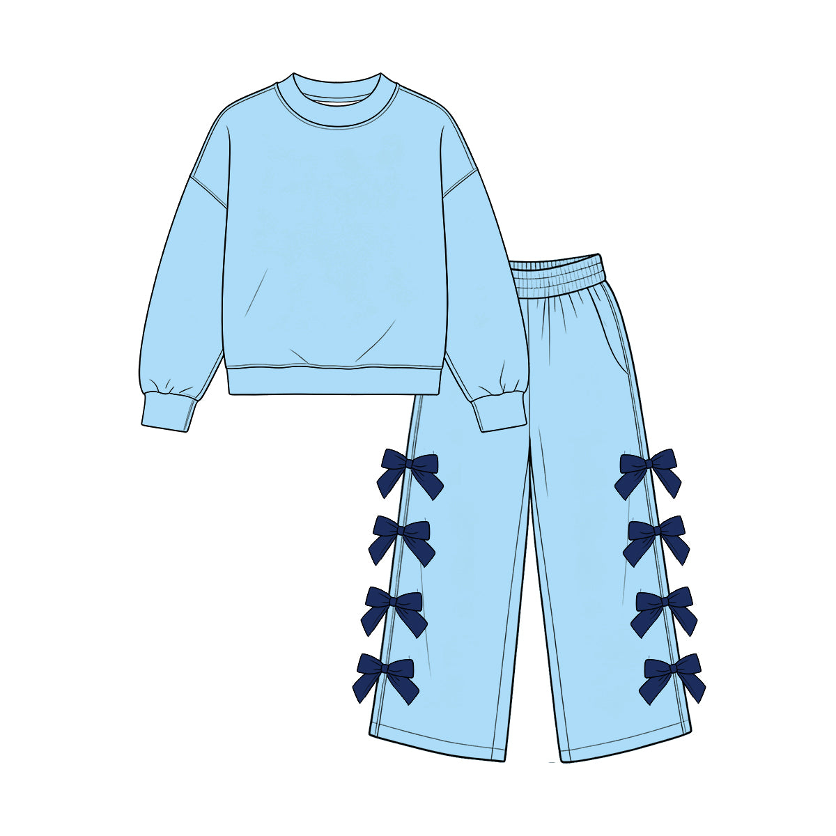 custom moq 5 mix size Baby Girls Light Blue Long Sleeve Top And Navy Blue Bow Wide Leg Pants Fall Casual Outfit